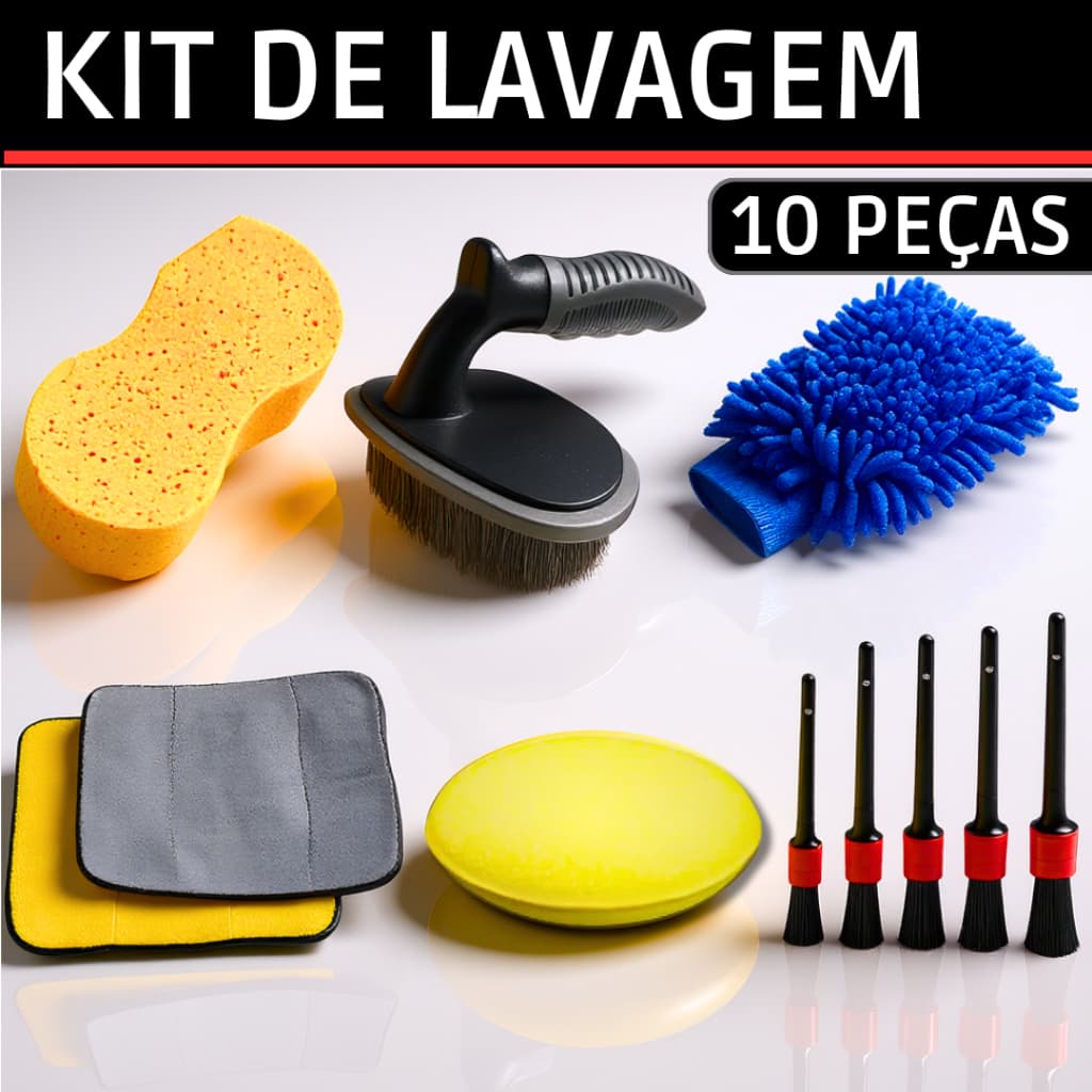 Kit 10 Peças Lavagem Automotiva Esponja + Escova + Flanela 30x40cm + Aplicador de Cera + Luva Microfibra + 05 Pincel
