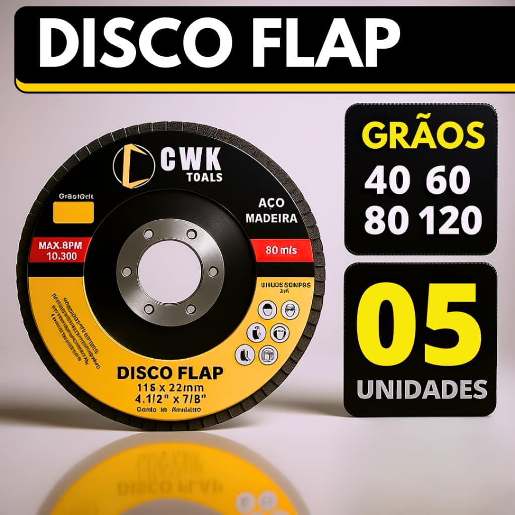 Kit 05 Disco Flap Lixa Para Madeira Aço e Ferro Flap Disc Lixadeira 4.1/2 Grão 40 - 60 - 80 - 120 10.300 RPM