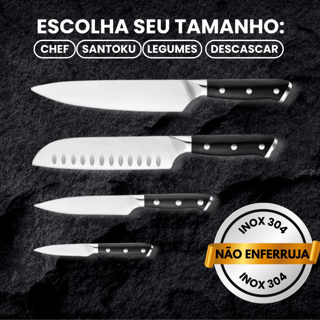 Faca em Aço Inox Alemão Fulltang | Escolha: 8” Chef Churrasco 7” Santoku 5.5” Legumes 3.5" Descascar