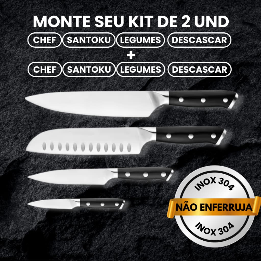 2 Facas Aço Inox Alemão Fulltang | Escolha: 8” Chef Churrasco 7” Santoku 5.5” Legumes 3.5" Descascar