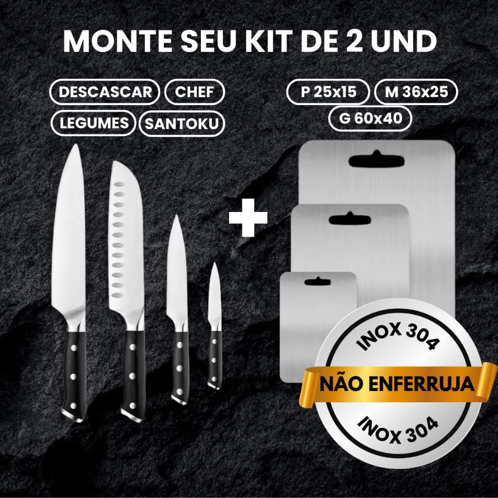Kit Tábua Aço Inox 304 + Faca Aço Inox Alemão Fulltang | Tamanhos P/M/G Churrasco Santoku Legumes