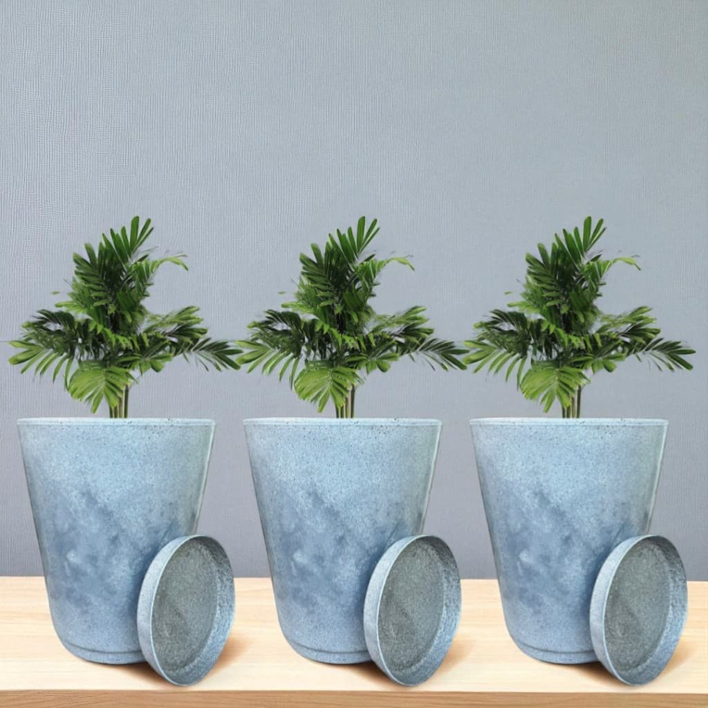 Kit 3 Vasos Coluna Marmorizada N°1 Planta Flor Jardim Varanda Moderno Elegante Polietileno + Pratos