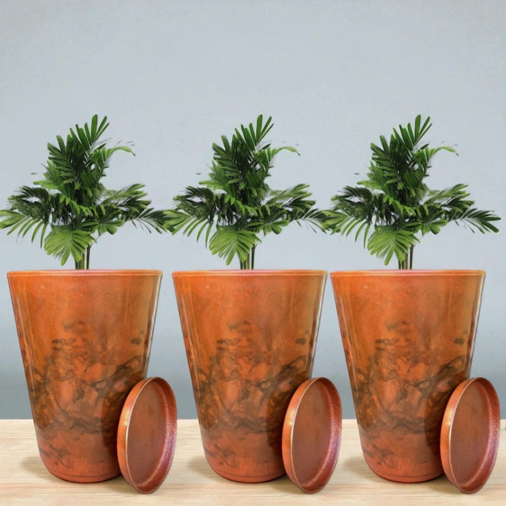 Kit 3 Vasos Coluna Marmorizada N°2 Planta Flor Jardim Varanda Moderno Elegante Polietileno + Pratos