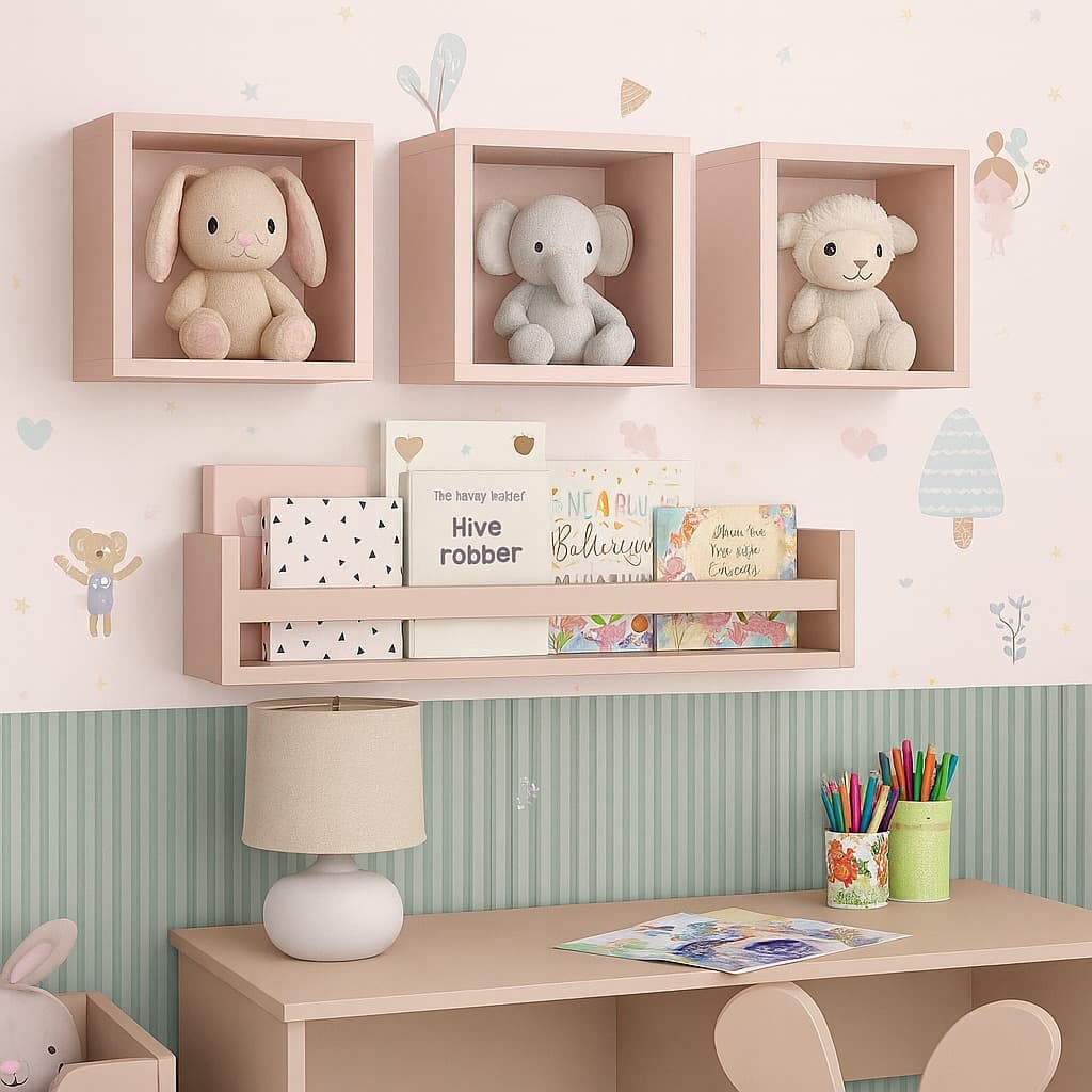 Kit Quarto Menina 3 Nichos 20x20cm + Estante Livros 60cm MDF Rosa Milkshake | Decoração Organização