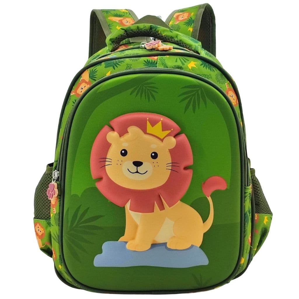 Mochila Infantil 3D Leão Dino Nave Zíper Duplo Fofo, Bolso Garrafa, Alça Acolchoada Volta às Aulas