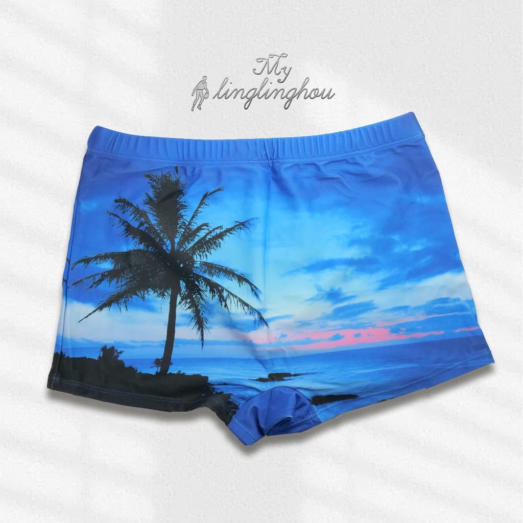 1-2 sunga box masculino com estampa de coqueiro , moda verão, com cordão, casual, natação/2190