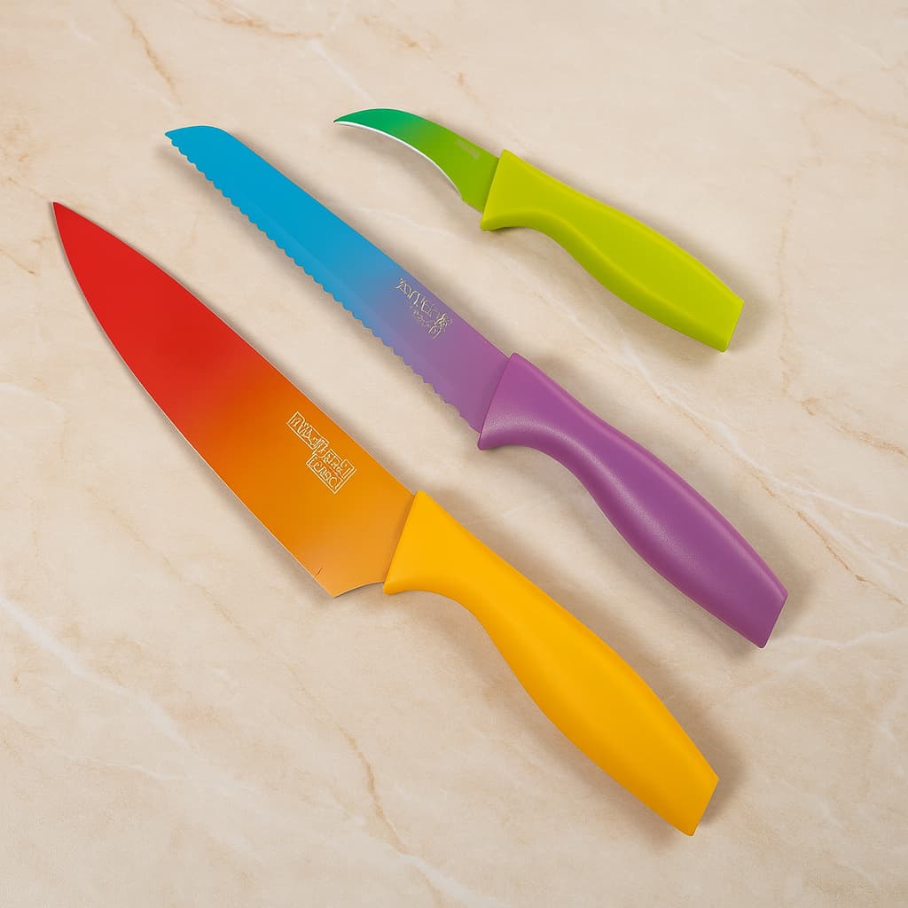 Kit Conjunto De Facas Coloridas Cozinha Profissional 2 e 3 Peças Faca de Pão - Chef - Frutas - Osso