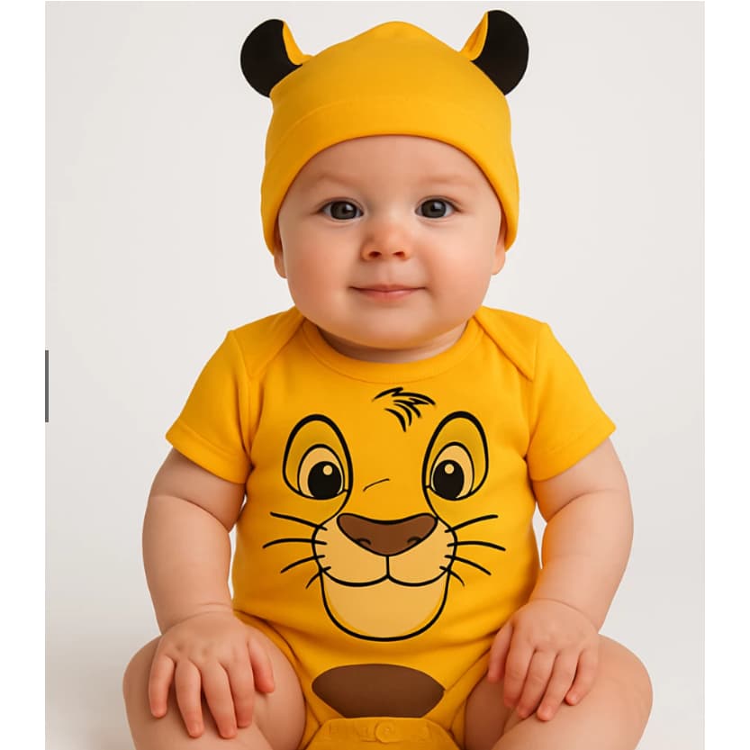 Kit Body Bebê Simba Rei Leão + Touca Temática Mesversário