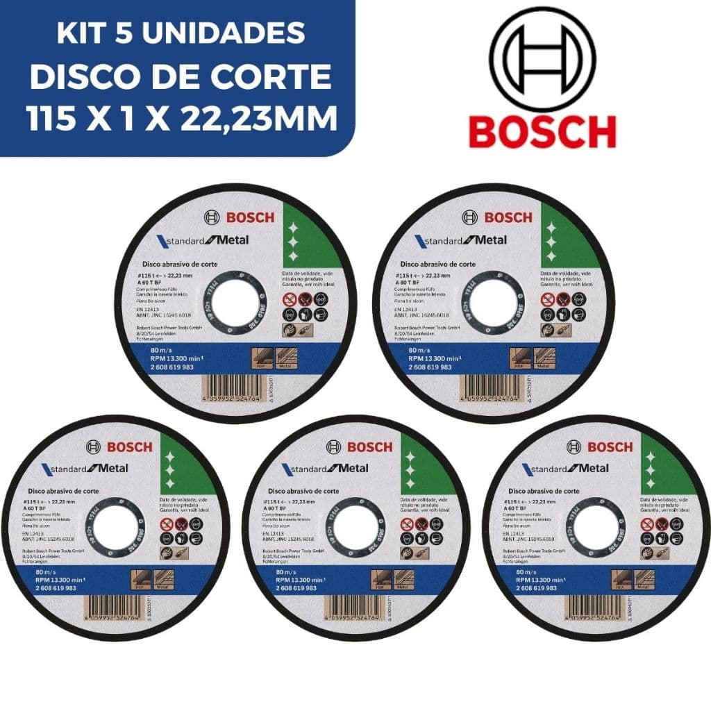 KIT 05 Disco corte aço e Inox 4.1/2” x 1,0mm 7/8” Bosch