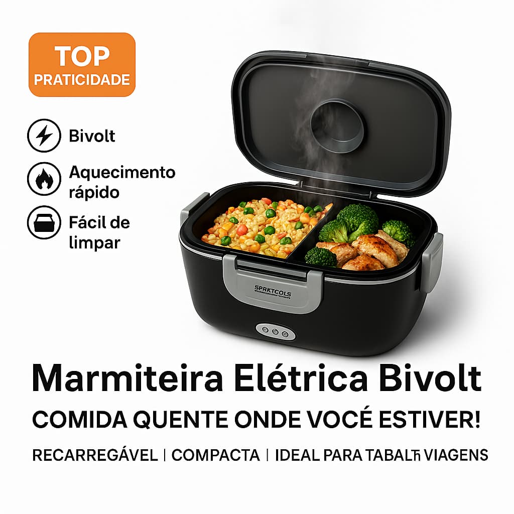 Marmita Elétrica Bivolt Aquecedora Portátil Prática Trabalho Viagem 1,5L Compartimentos Preta