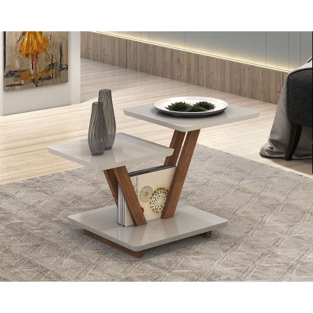 Mesa De Centro Laguna Off White Dois Andares Item Decorativo MDF Funcional