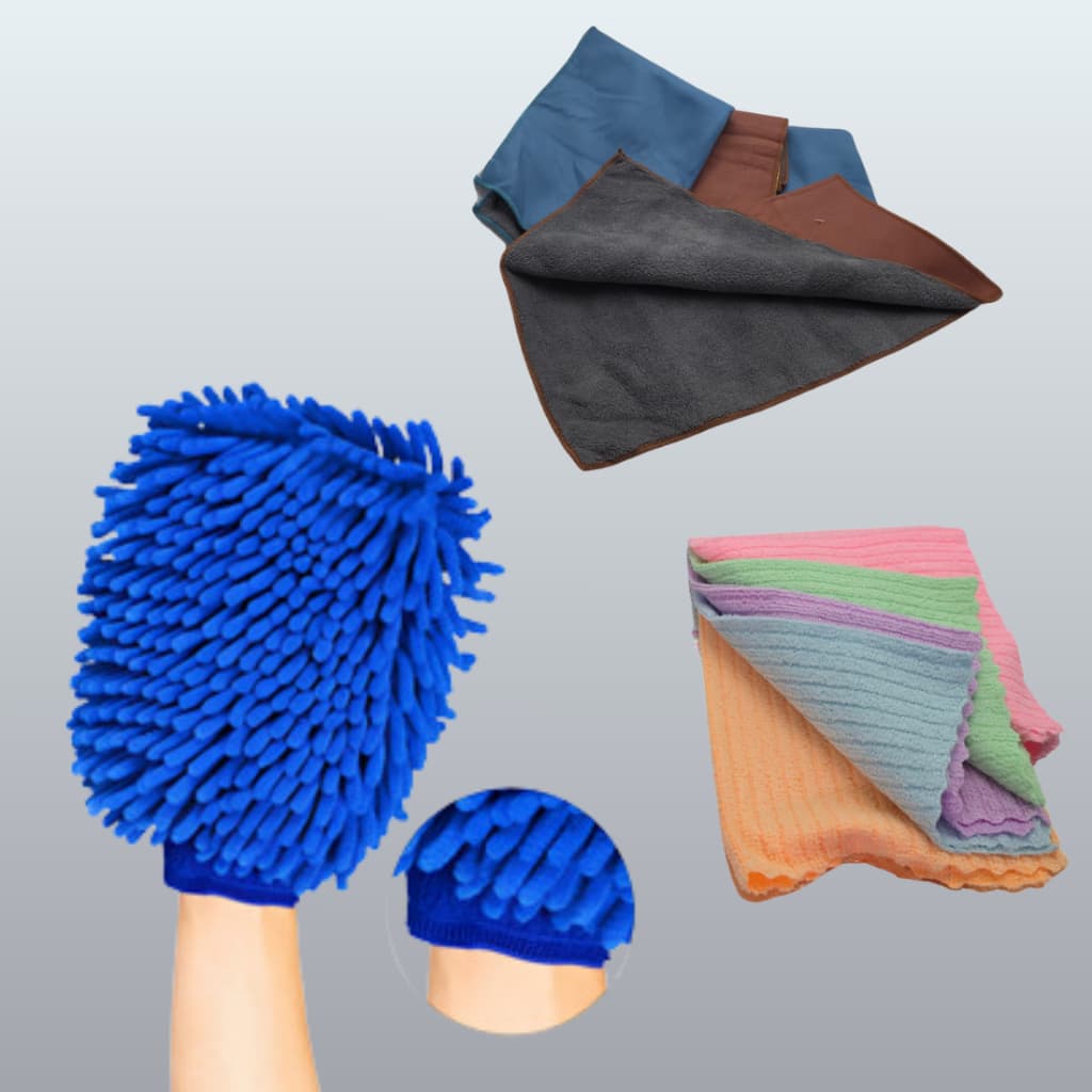 Kit lavagem 7 Peças – Luva Microfibra + Flanela Super Absorvente + 5 Panos de Microfibra
