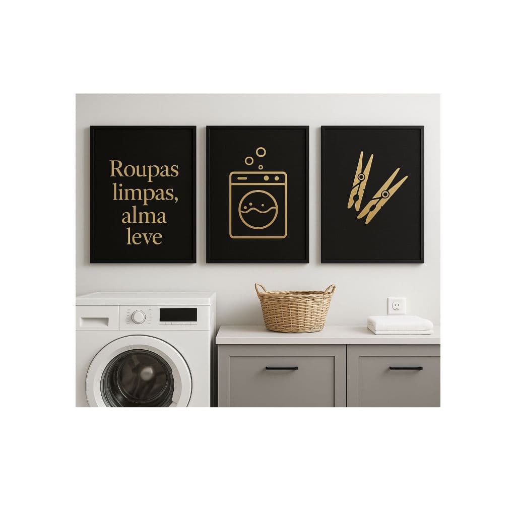 Kit 3 Quadros Decorativos Lavanderia Moderno Preto e Dourado Frase Roupas Limpas Alma Leve  60x40 ou 20x30