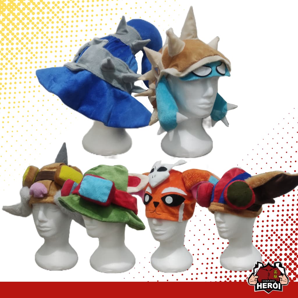 Toucas de Pelúcia League of Legends - Gorro Chapéu LOL - Personalizada - Teemo - Corki - Zyggs - Gnar - Rammus - Veigar