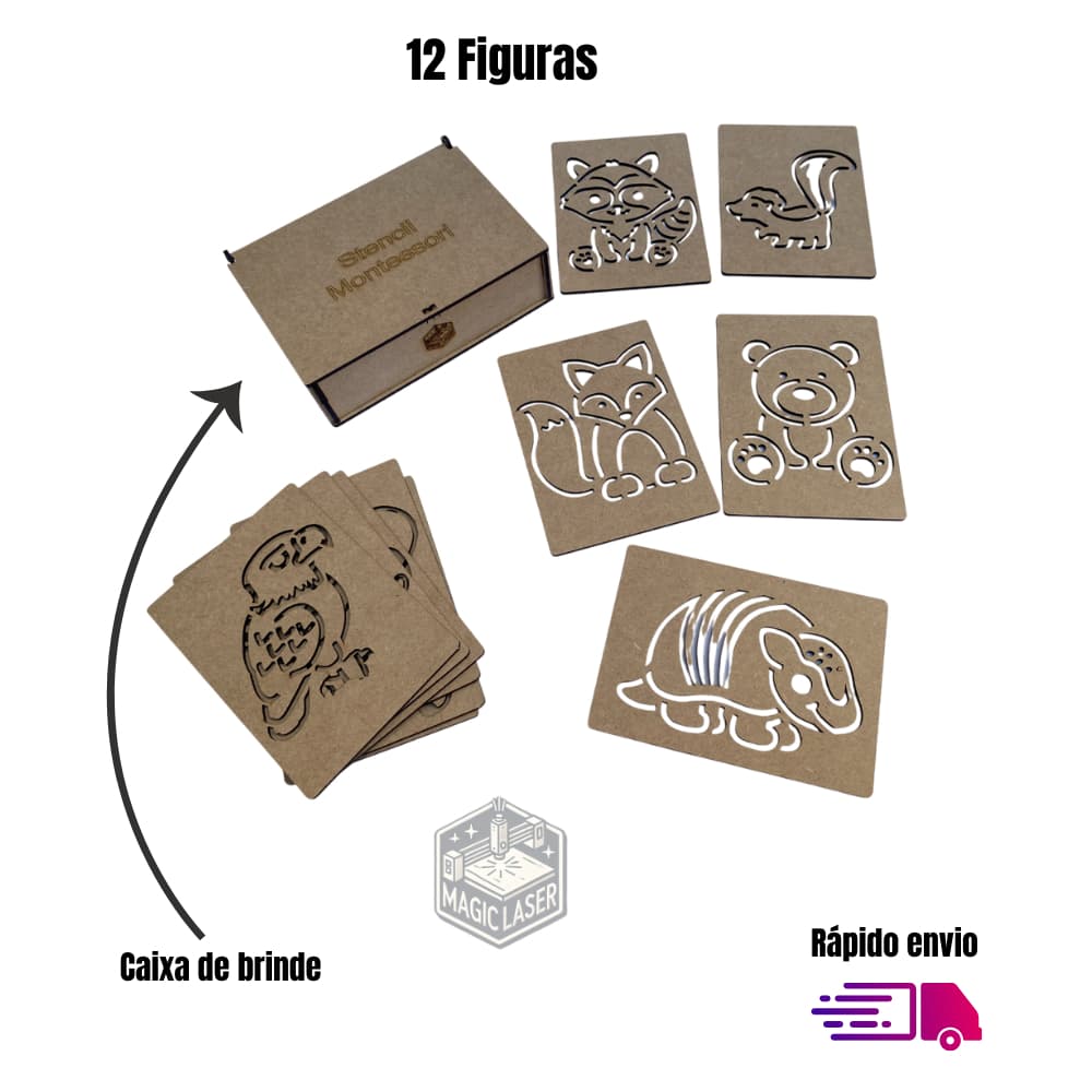 Stencil Montessori Animais  - 12 peças + Caixa Régua transferidora desenho pedagógico