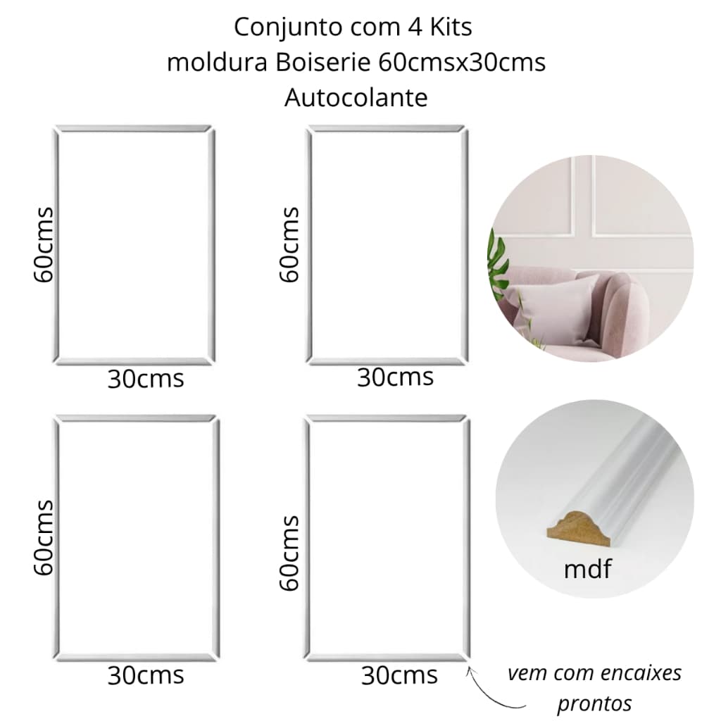 Kit 4 Molduras Boiserie Autocolantes MDF Branco-60cmx30cms
