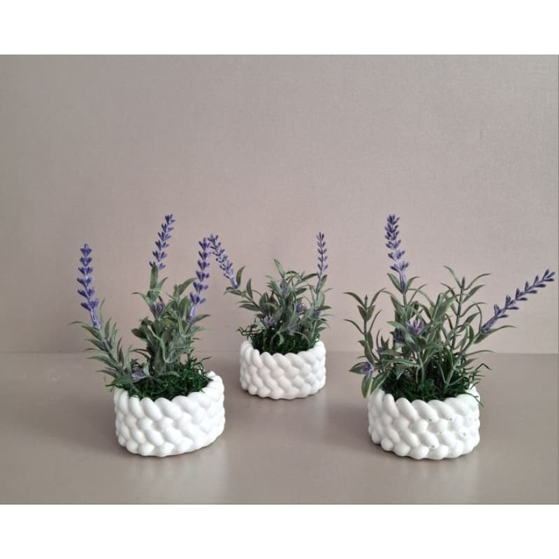 vaso gesso + planta lavanda artificial kit 3 peças decorativas mini vasinhos