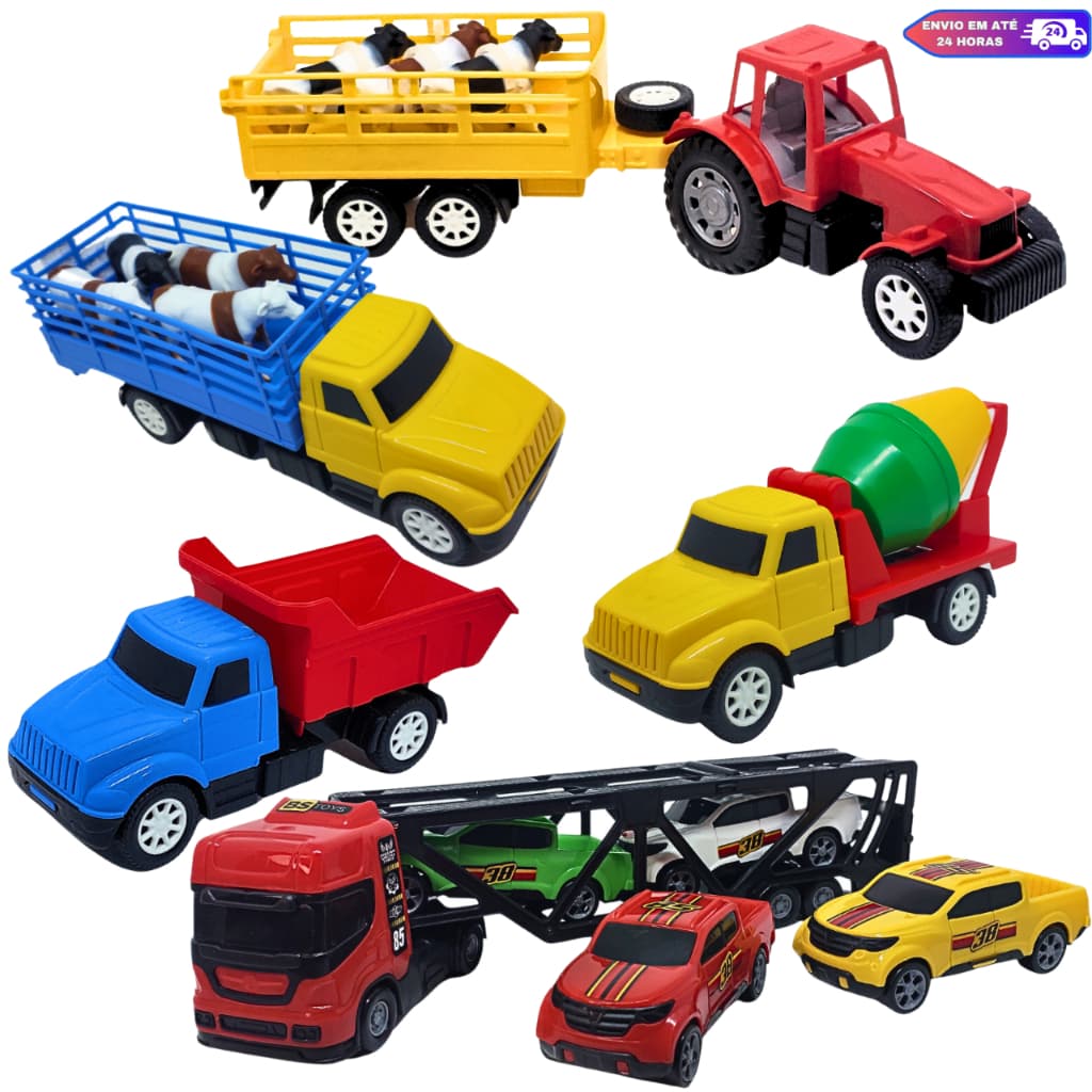 Kit 9 Brinquedos Caminhão Cegonha Trator Carrinhos Fazendinha Coloridos