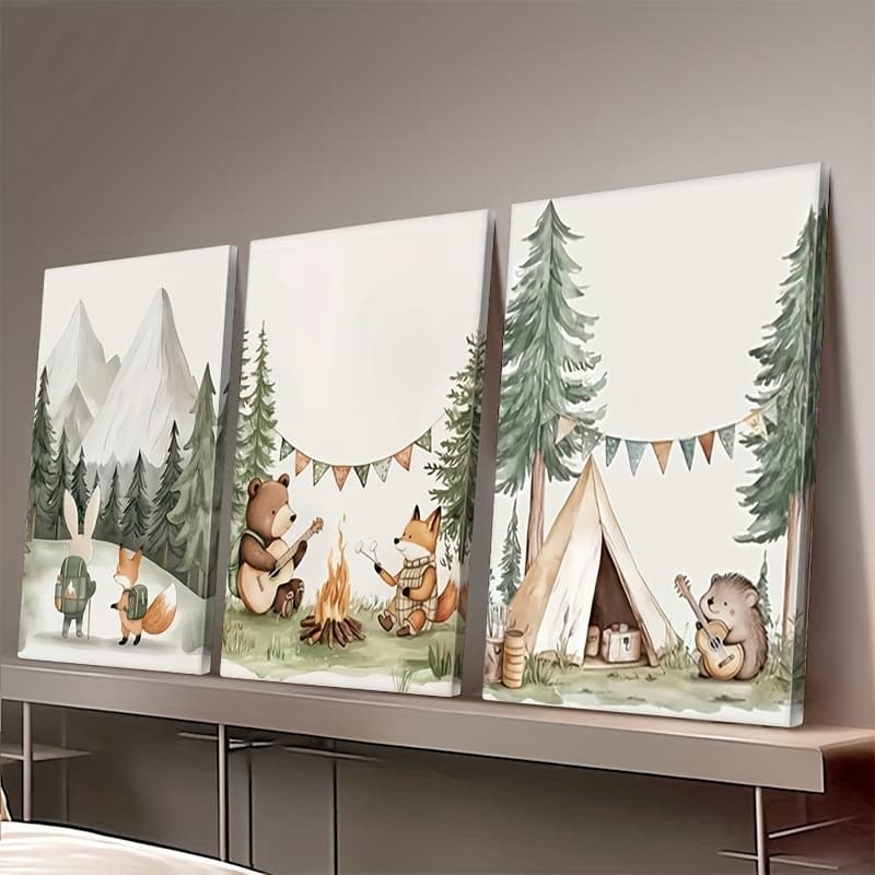 3 Quadros Animais Floresta Infantil - Raposa Urso Coelho, Decoração Quarto Criança