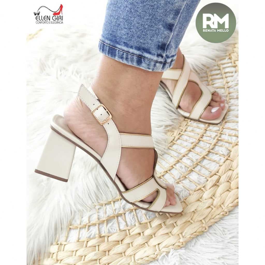Sandália Renata Mello Elegante Exclusiva Salto Quadrado Geométrico 7,5 cm