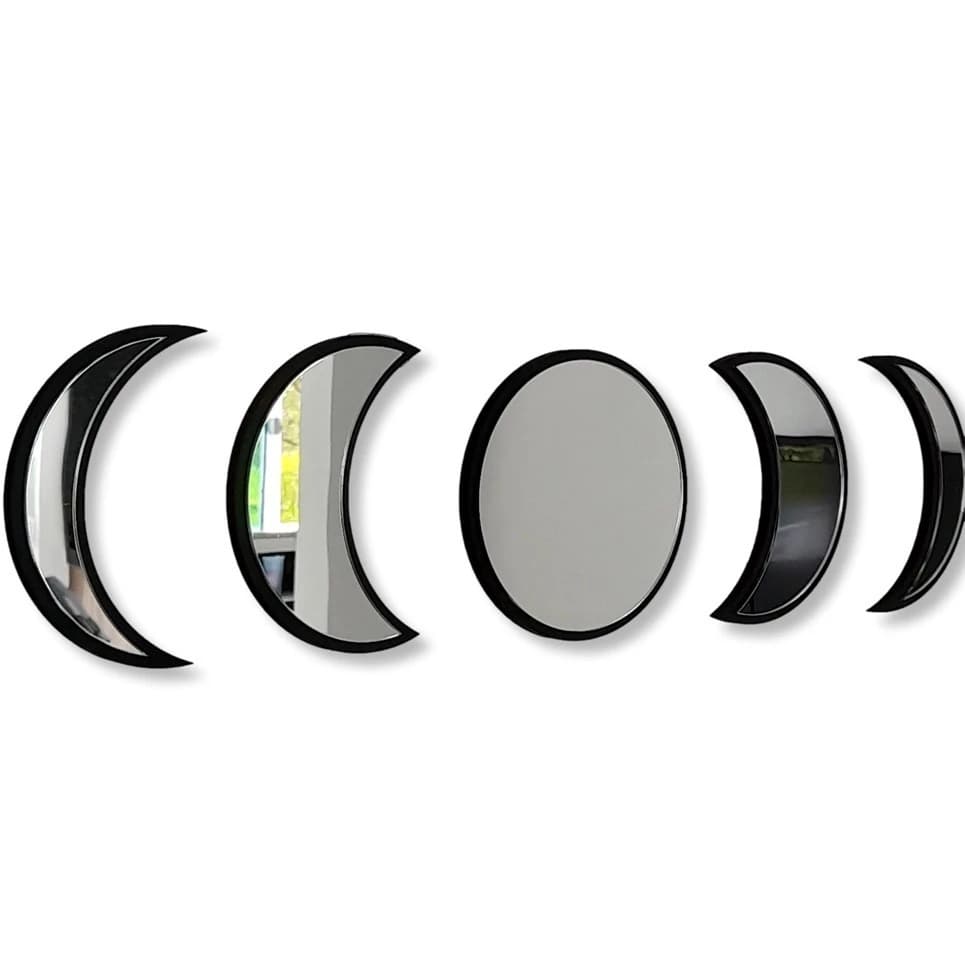 Kit 5 Peças Espelho Acrílico Fases Da Lua com Moldura MDF Decoração De Parede