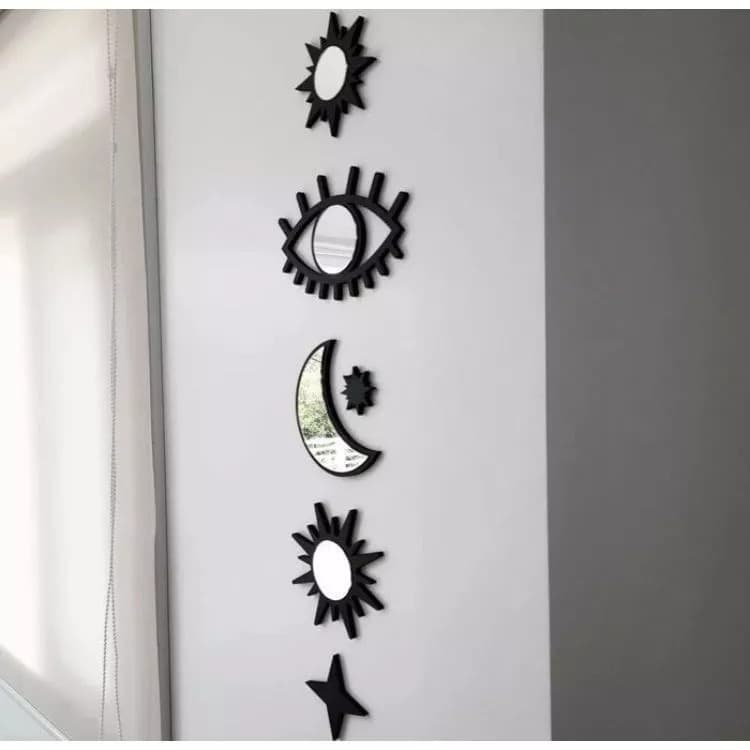 Kit 6 Peças Espelho Acrílico Místico Celestial Decorativo com Moldura mdf