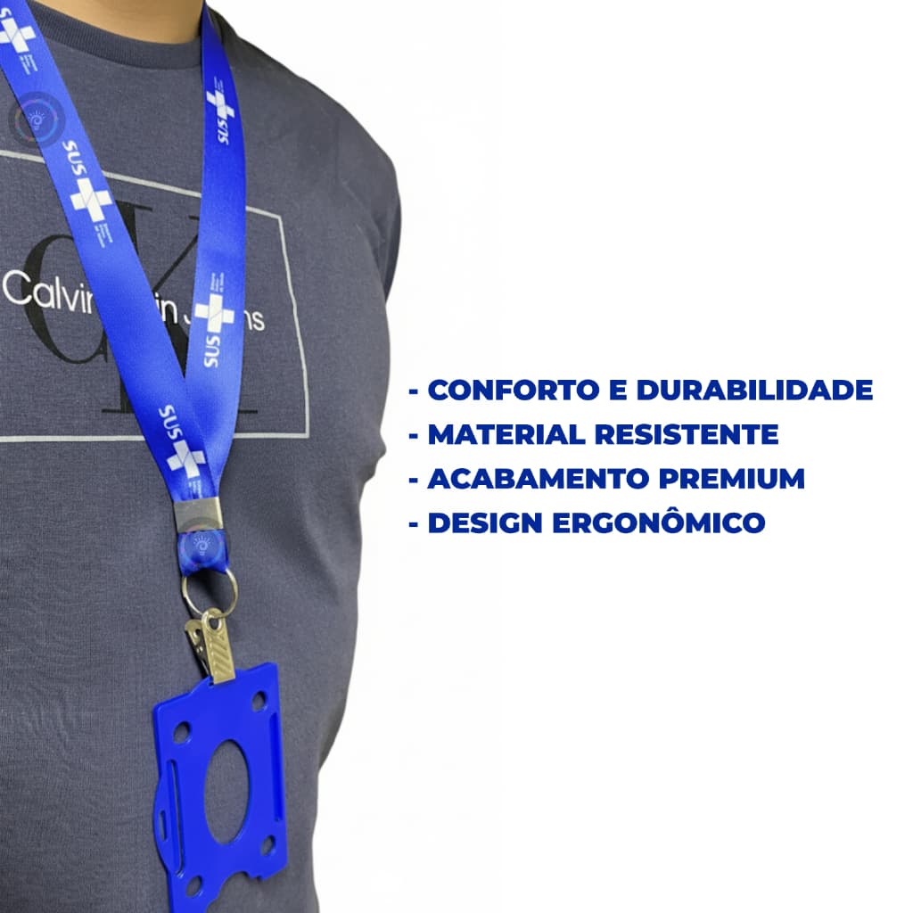 Cordão SUS para Crachá Personalizado Argola Jacaré Mosquete Porta Crachá Azul