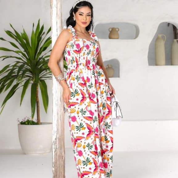 Vestido Longo Estampado Tecido Crepinho Tucano Folhagem Lastex Verão Alças de Babado