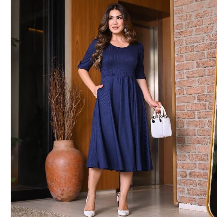 Vestido Rodado Midi Manga Princesa Botão Na Manga Moda Evangélica executiva Elegante