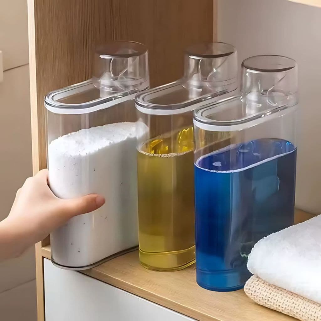 Kit 2 Dispenser 2000ml Sabão Pó ou Líquido Pote 1200ml Amaciante com Medidor
