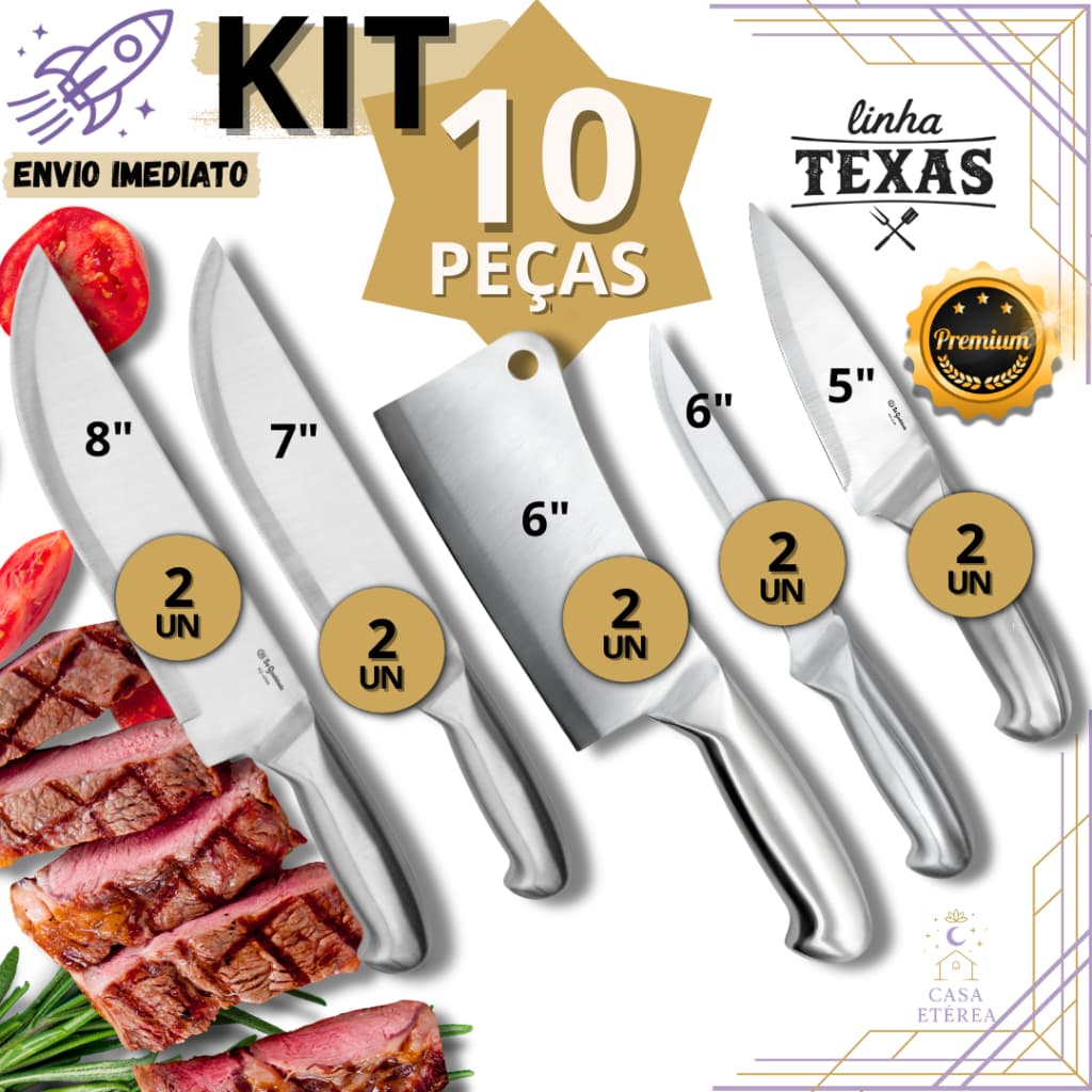 Kit 10 Facas Inox Inteiriça Profissional 8” Peixeira 5”e 7” Cutelo 6” Desossa 6” Açougue Restaurante Churrasco Peixaria