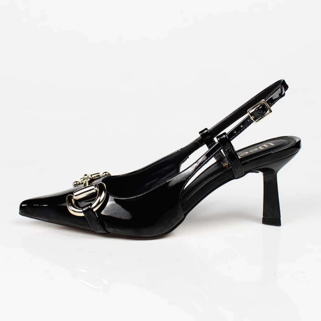 Slingback Preto Verniz Salto Fino Fivela Dourada Week Shoes