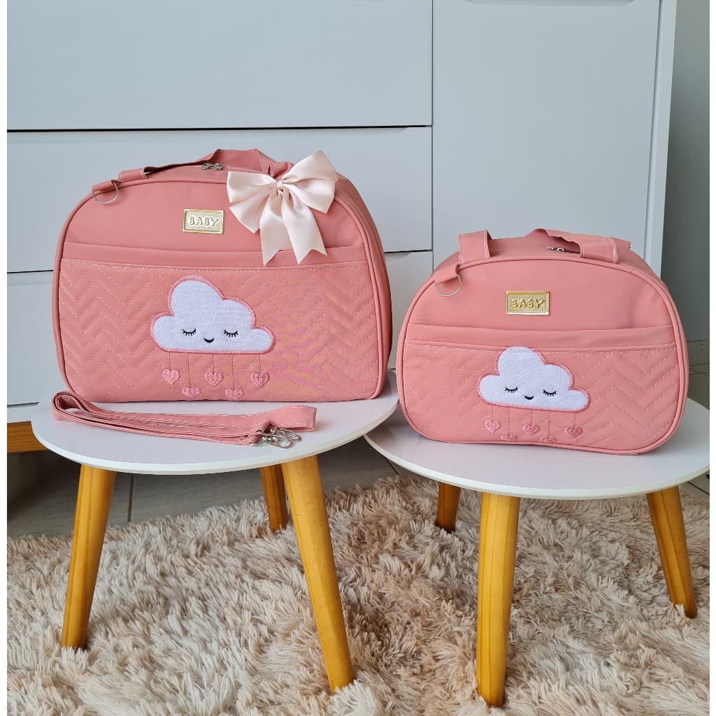 Kit Bolsa Mala Maternidade Nuvem Rosê Bolsa Grande e Média Feminina Menina Bebe 2 Peças