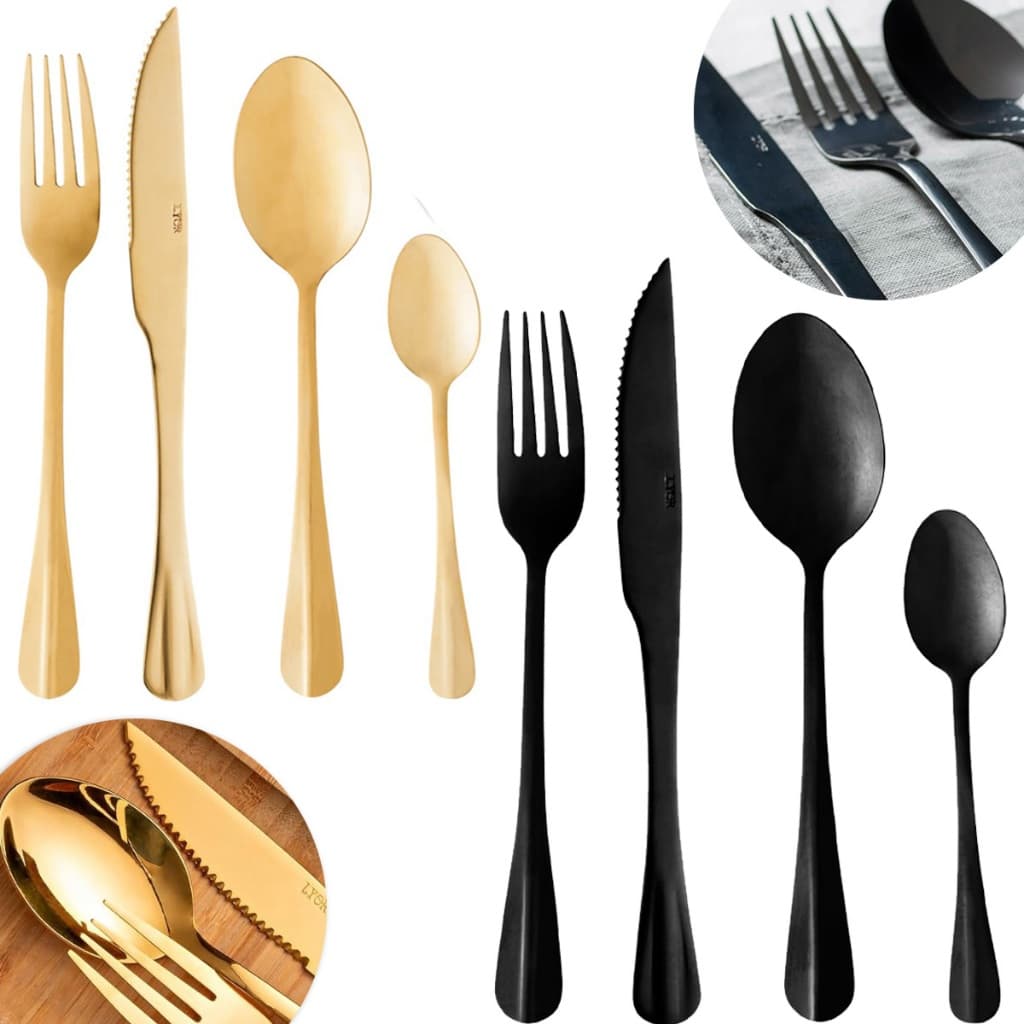 Jogo De Talheres Faqueiro Mesa 24 Peças Garfo Faca Colher Aço Inox Positano Dourado Preto Luxo Lyor