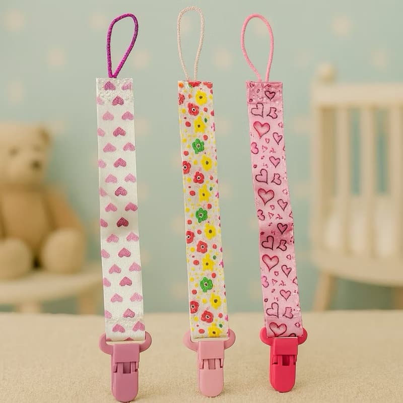 Kit 3 Prendedor de Chupeta Bico para MeninA com Presilha e Cordão Confete e Elefante