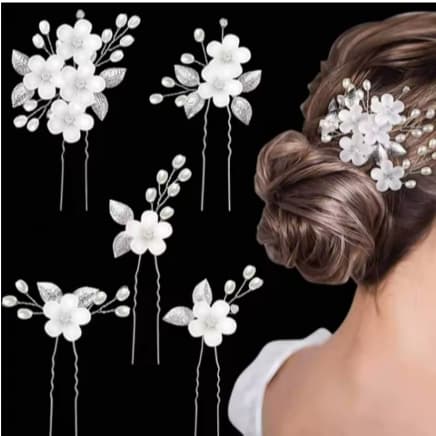 Kit com 5 Grampos Enfeites Arranjo de Cabelo Noiva, Debutante, com flor