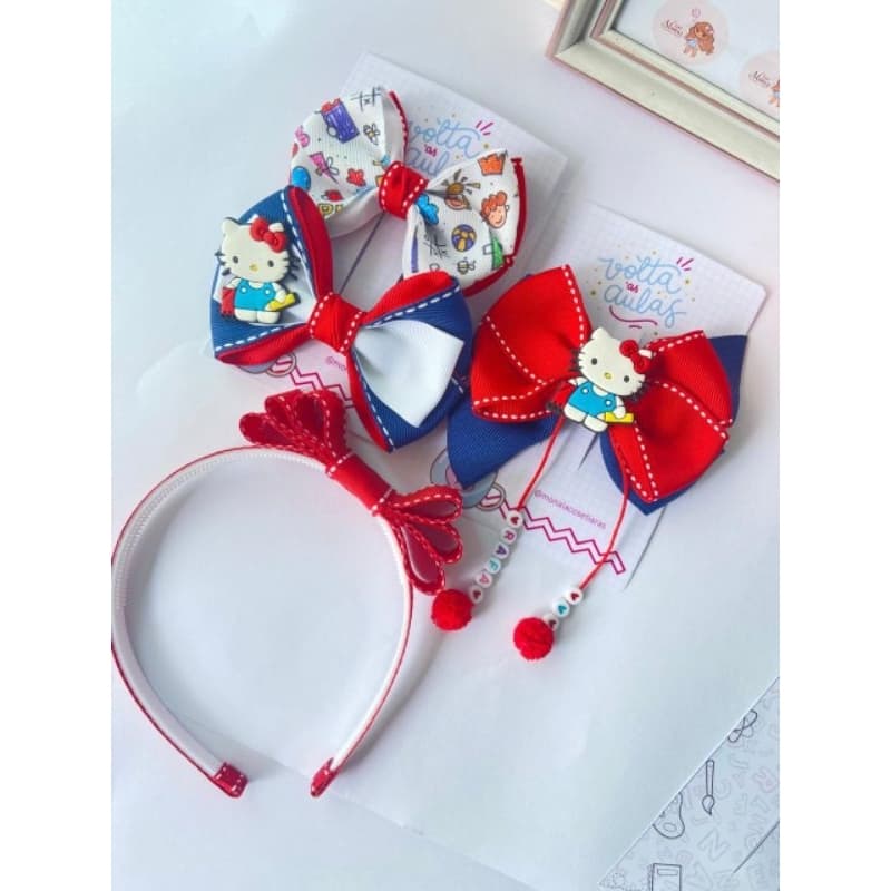 Kit Laços Hello Kitty Volta às Aulas (parzinho + tiara) kit menina