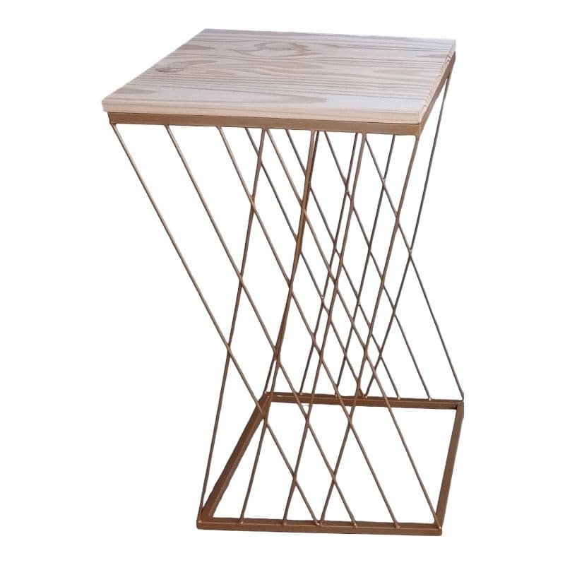 mesa treliça em ferro com madeira natural p/ decoração