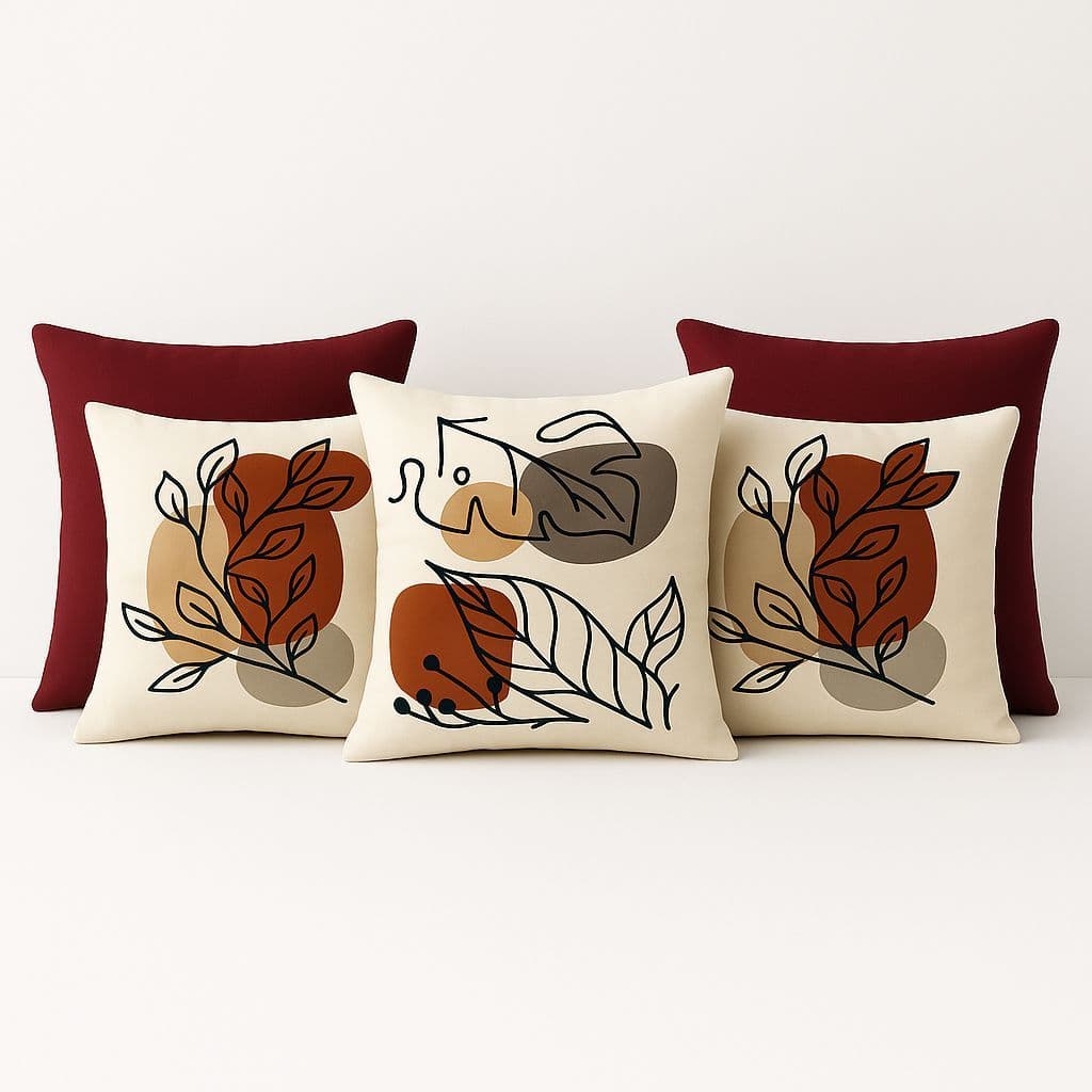 Kit 5 Almofadas Boho Bordô Abstrata Folhagem Decoração Sala Chic Moderna Luxo Minimalista