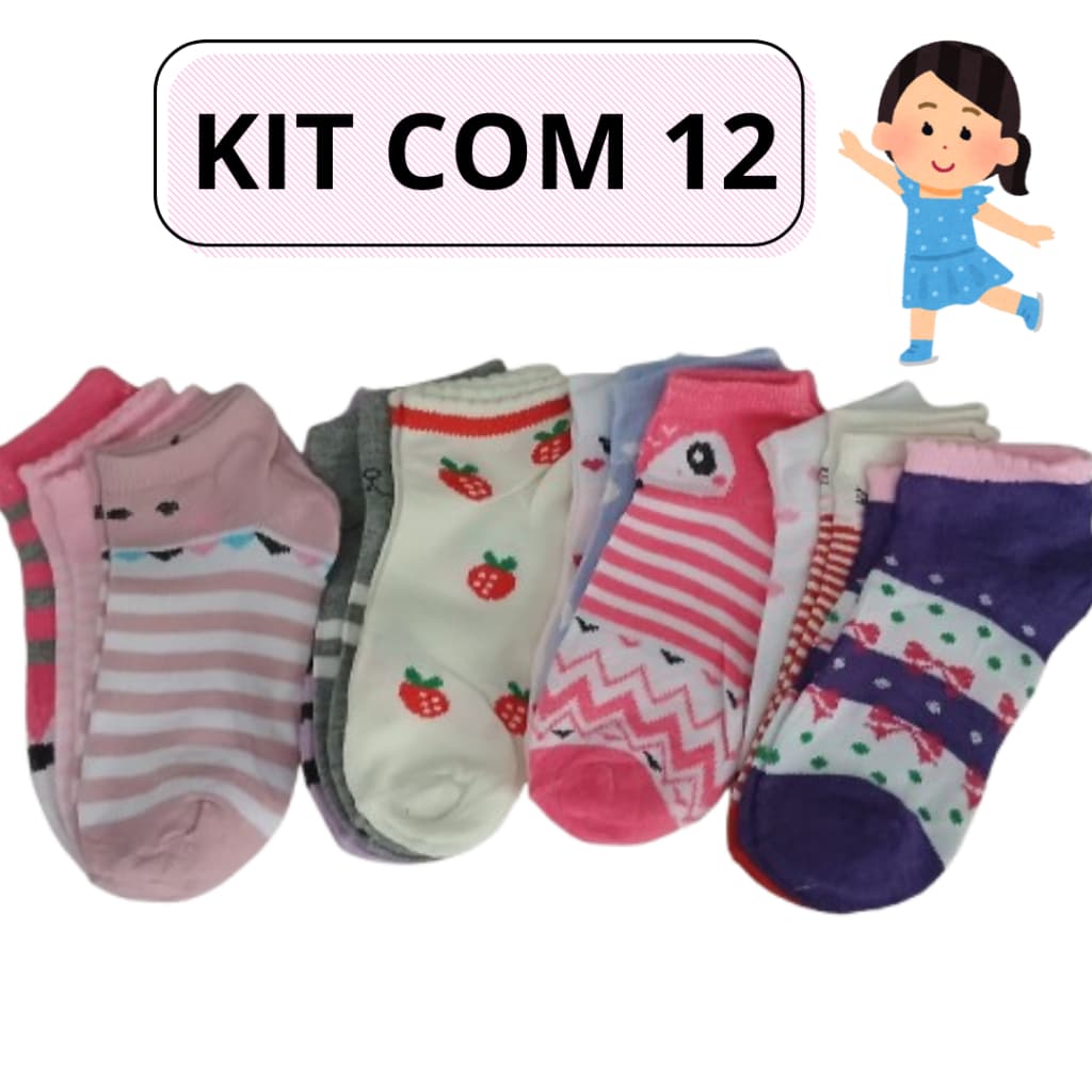 Kit Meias Infantis Menina Algodão Cano Médio  3, 6 ou 12 Pares  Conforto e Diversão