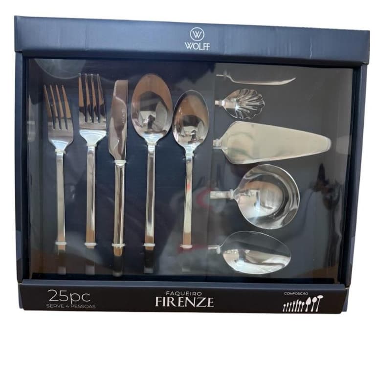 WOLFF - Faqueiro 20/25/30 Peças Firenze Aço Inox - Serve 6 Pessoas Jogo de Talheres Espatula Concha