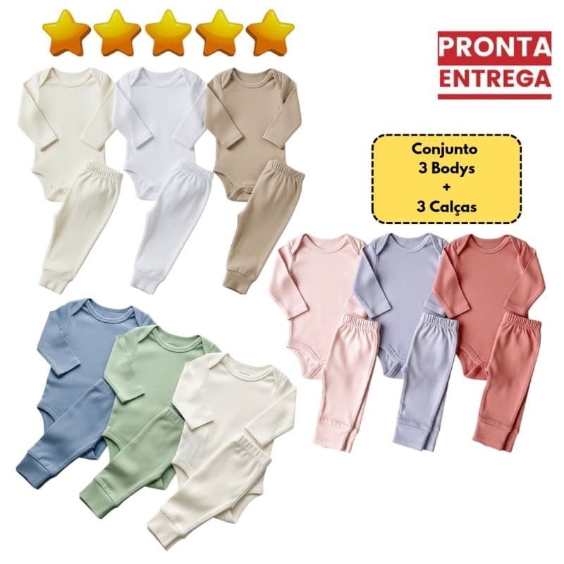 Kit Enxoval 6 Pçs Body Bebê Manga Longa e Calça Combinando 100% Algodão