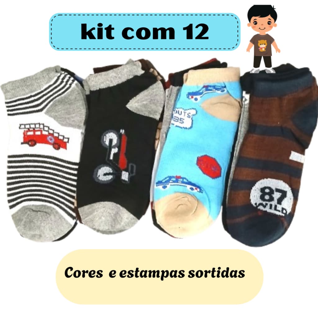 Kit Meias Infantis Menino Algodão Cano Médio  3, 6 ou 12 Pares  Cores e Estampas Sortidas