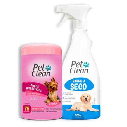 Kit Banho a Seco Sem Enxágue + Lenço Umedecido para Cachorro e Gato Pet Clean