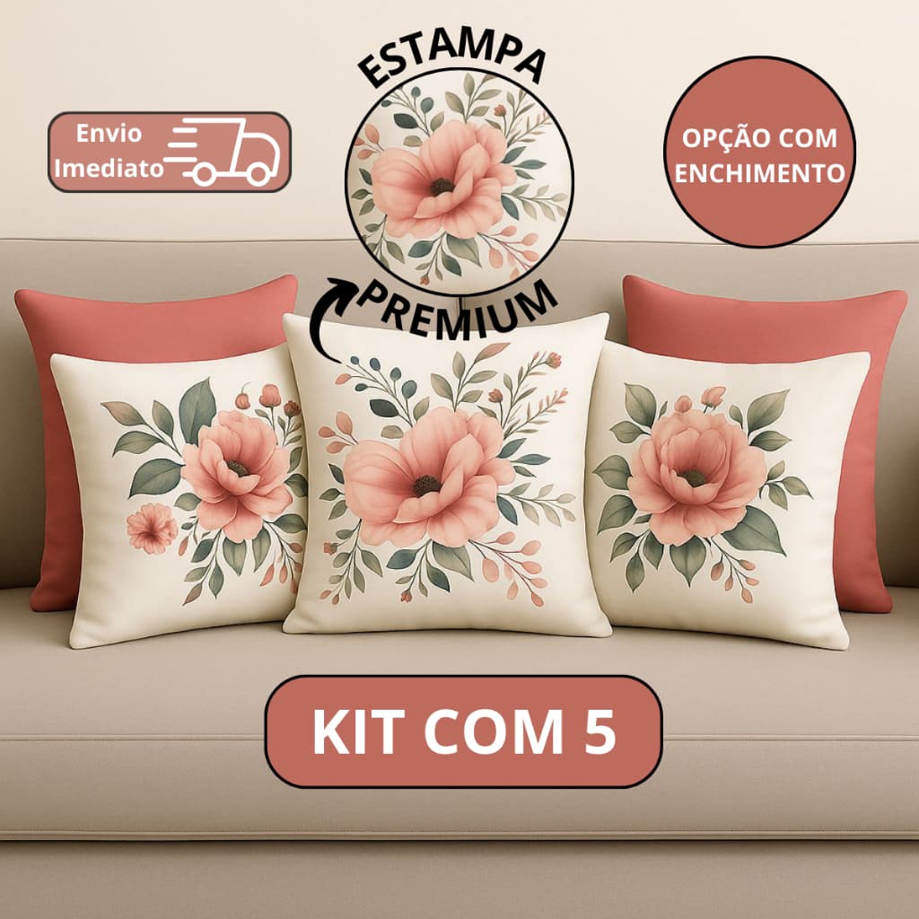 Kit 5 Almofadas Floral Rosa Antigo Romântica Elegante Silk Premium Enchimento Fibra Siliconada Decoração Sala Quarto