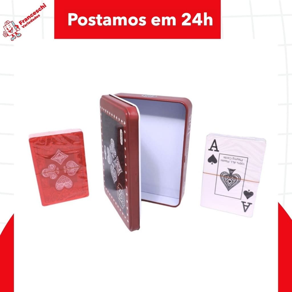 02 Baralhos De Plástico Com Estojo de lata Incluso Jogos Cartas luxo presente produto de qualidade.