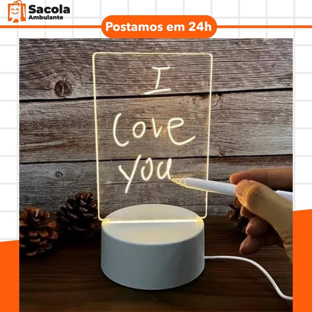 Luminária escrever Led Caneta Lousa USB quarto sala escritório presente namorados família amor