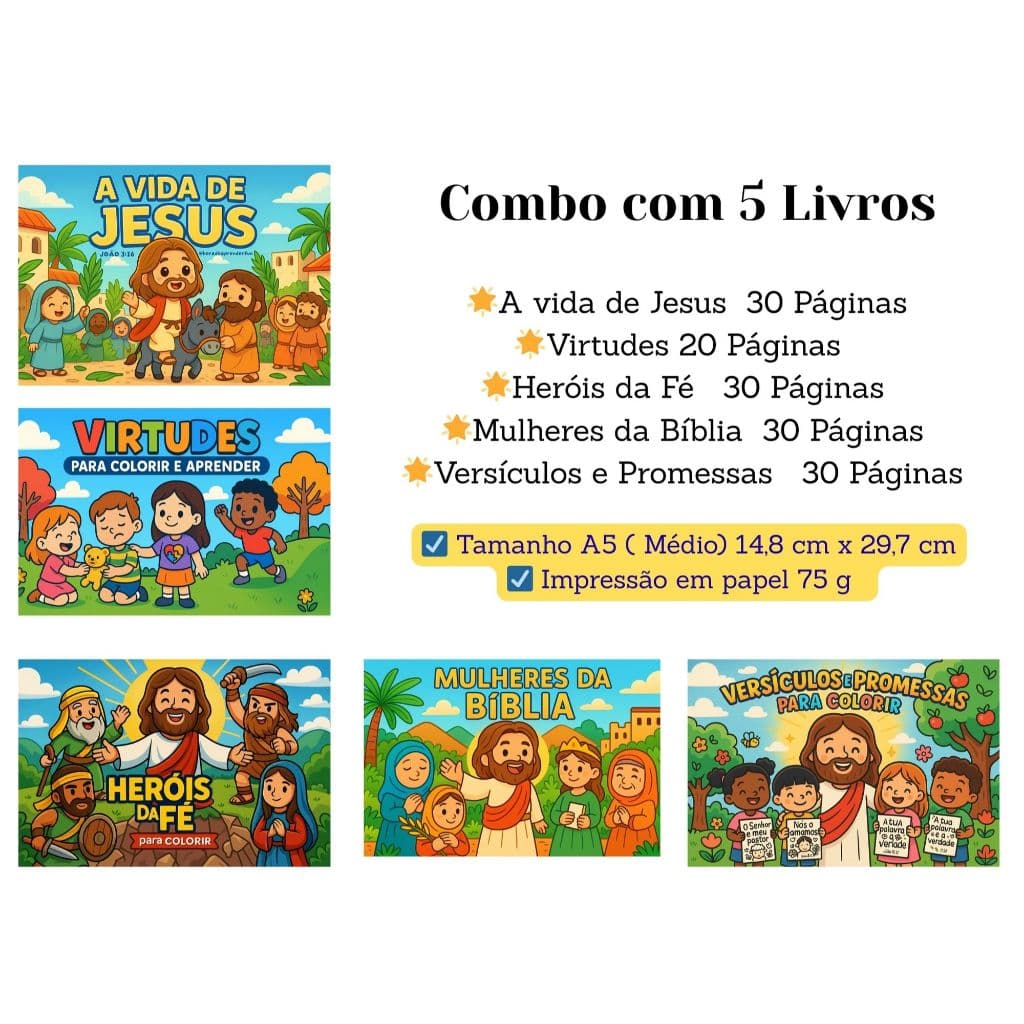Livro de Colorir A vida de Jesus | Virtudes | Versículos| Heróis da Fé | Mulheres da Bíblia |  Edição Fofa e Divertida