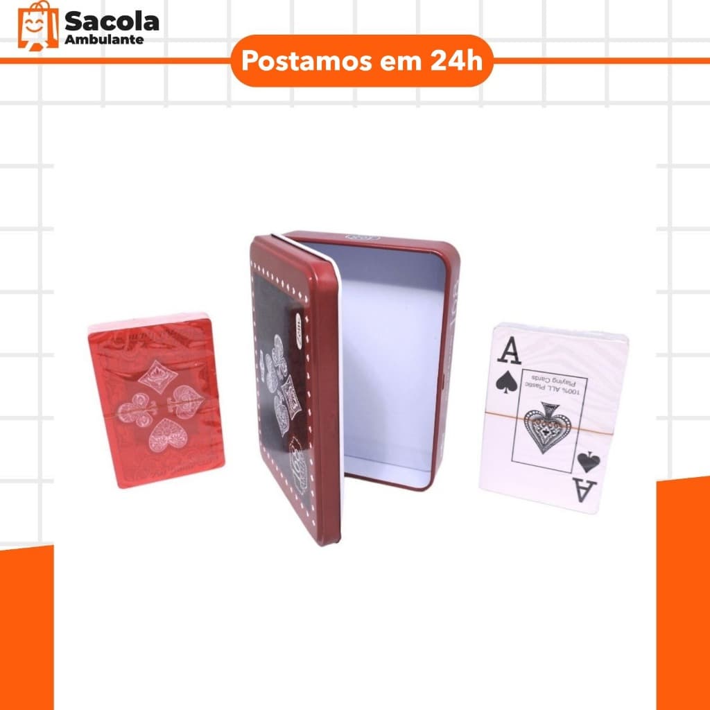 02 Baralhos De Plástico Com Estojo de lata Incluso Jogos Cartas luxo presente produto de qualidade.