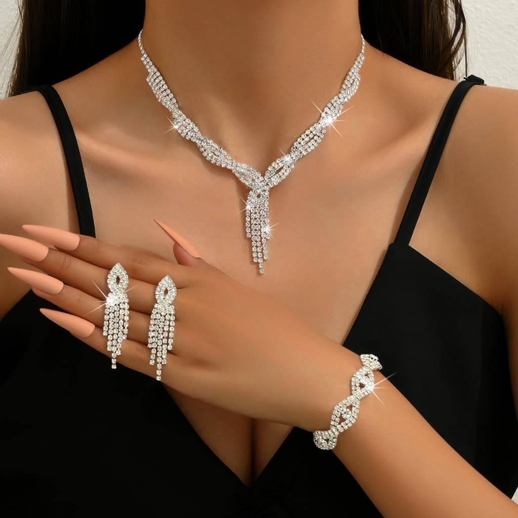 Conjunto Kit de Joias Feminina Luxo Colar Brincos Pulseira  Strass Brilhantes Festa Casamento Noiva Madrinha Semi Joias